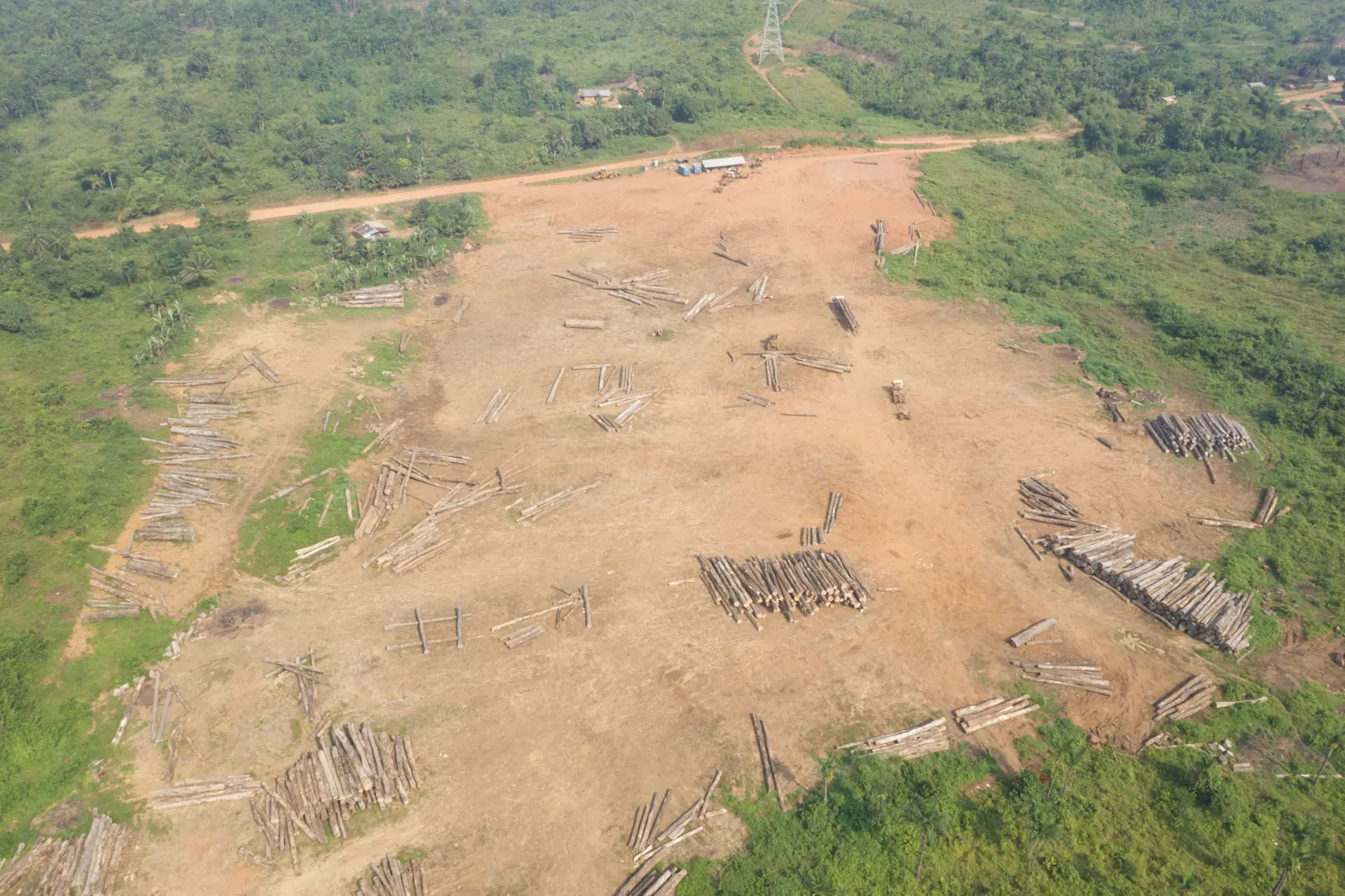 Aerial view of AW&L log yard with tagged logs, Liberia