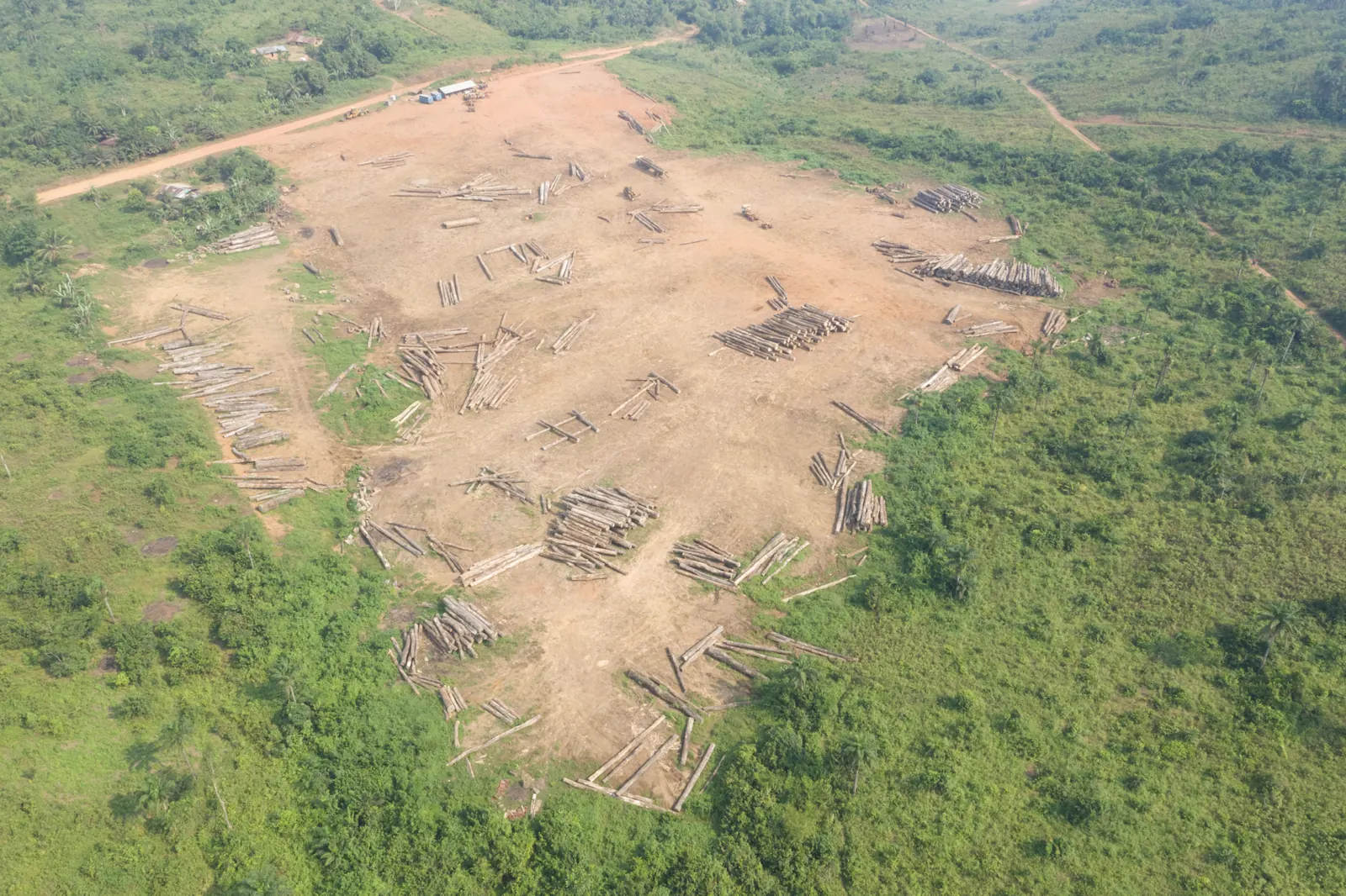 Drone view of organised log stacks at AW&L yard in Liberia