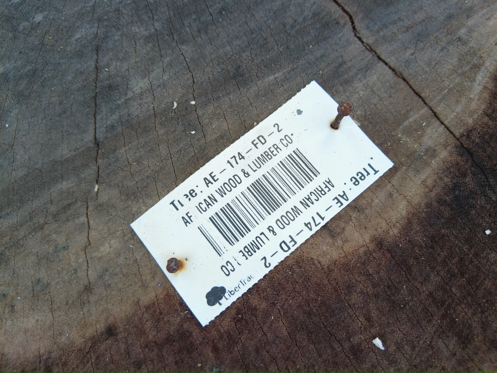 LiberTrace barcode tag on African Wood & Lumber log